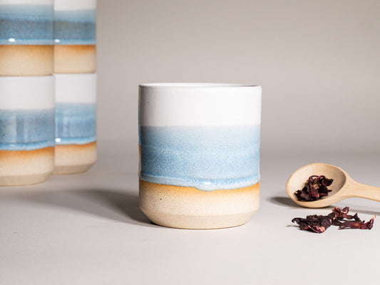 Ice blue and white stoneware smoothie cup with ombre glaze, 14 oz