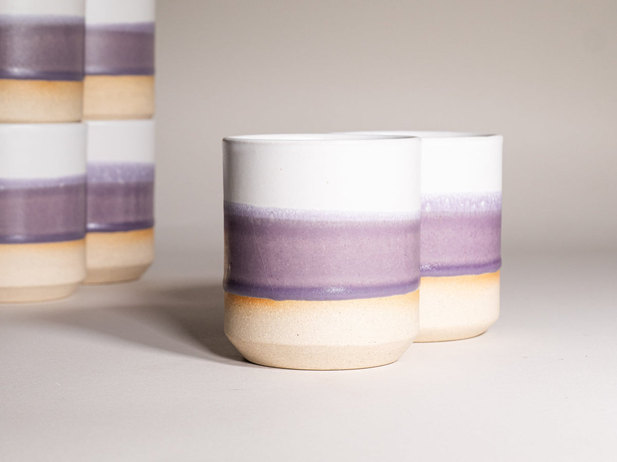 Stoneware smoothie cup, 14 oz, with purple and white stripe glaze