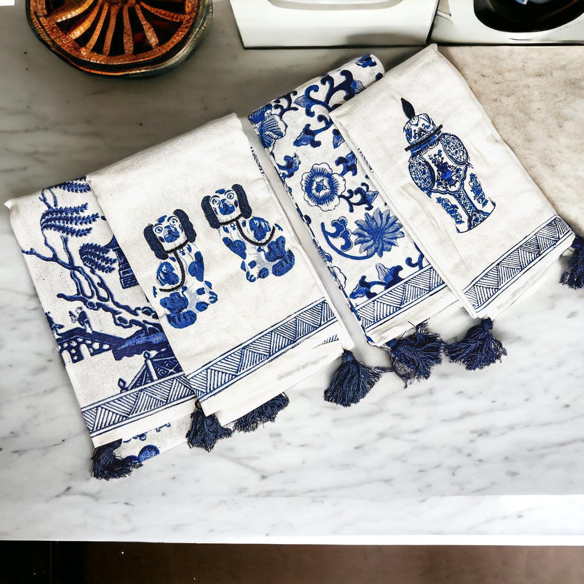Chinoiserie tea towels set with blue-and-white motifs and fringed tassels