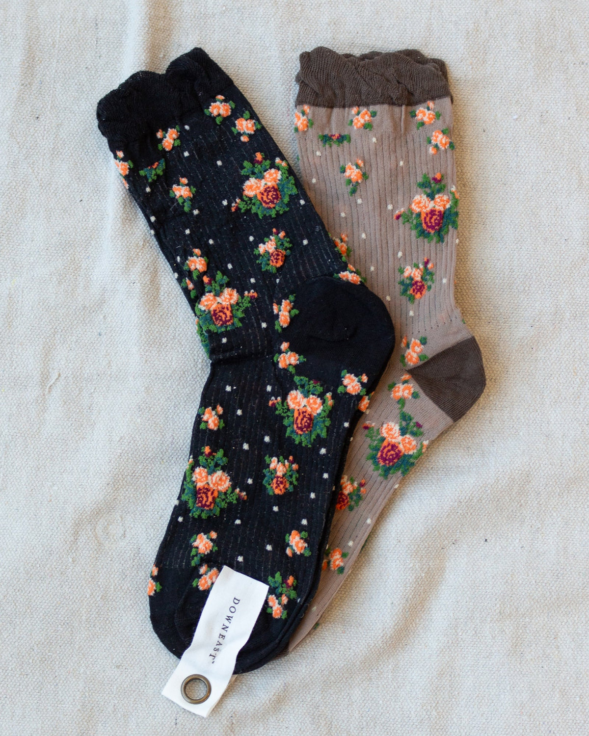 Fall floral socks set with black and brown crew socks, orange and green flower prints