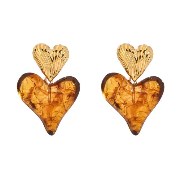 Pair of heart-shaped earrings with amber tortoiseshell drops and gold-tone ridged tops