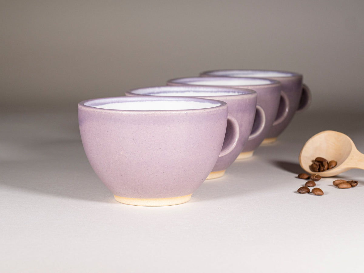 Purple stoneware latte cup with handle, cream-toned base glaze, set of two cups