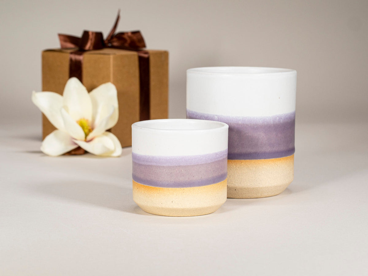 Purple and white stoneware mugs set, tall and short cups with banded lavender design