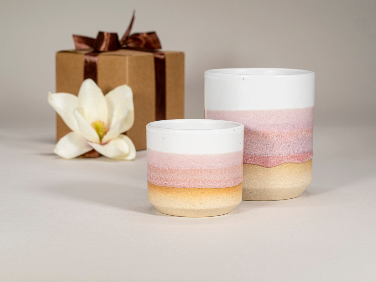 Pink and white stoneware mug set with two cups, ombre pink band design