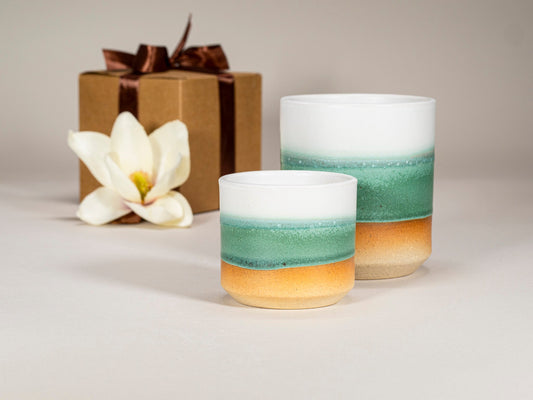 Green-and-white stoneware espresso cups gift set, two cups with layered green band