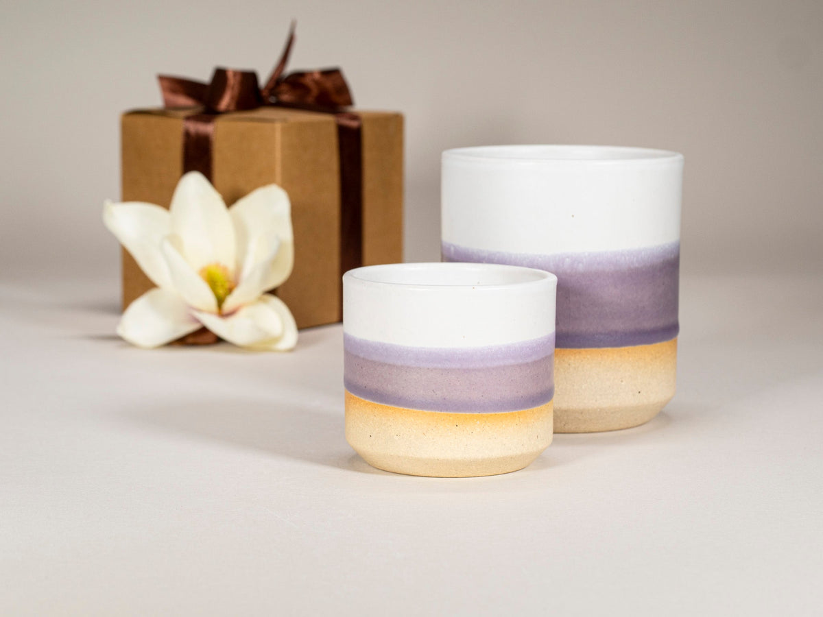Purple and white stoneware mugs gift set, two cups with lavender stripe and tan base