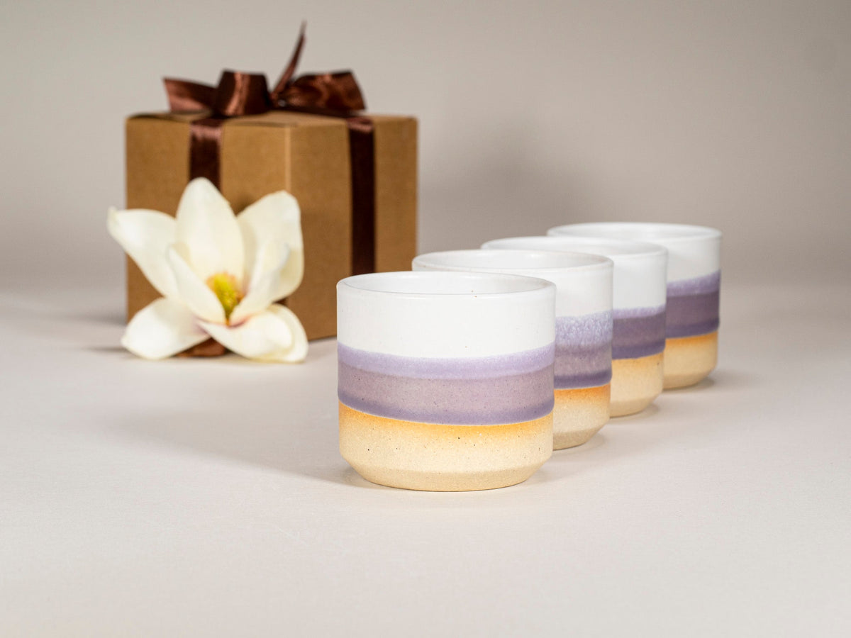 Purple and white stoneware mugs gift set, three cups with lavender band and tan base