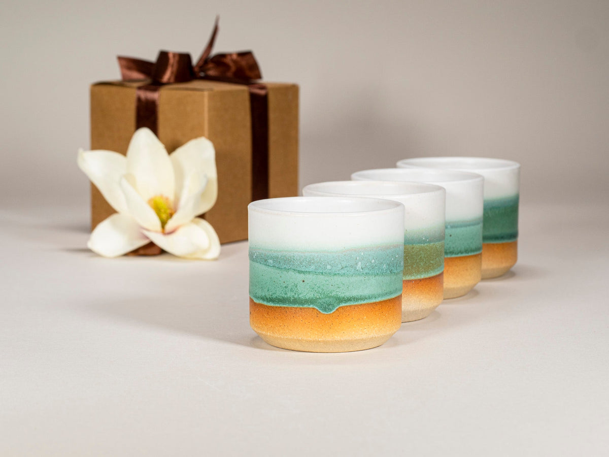 Green-and-white stoneware espresso cups gift set, three cups with layered color bands