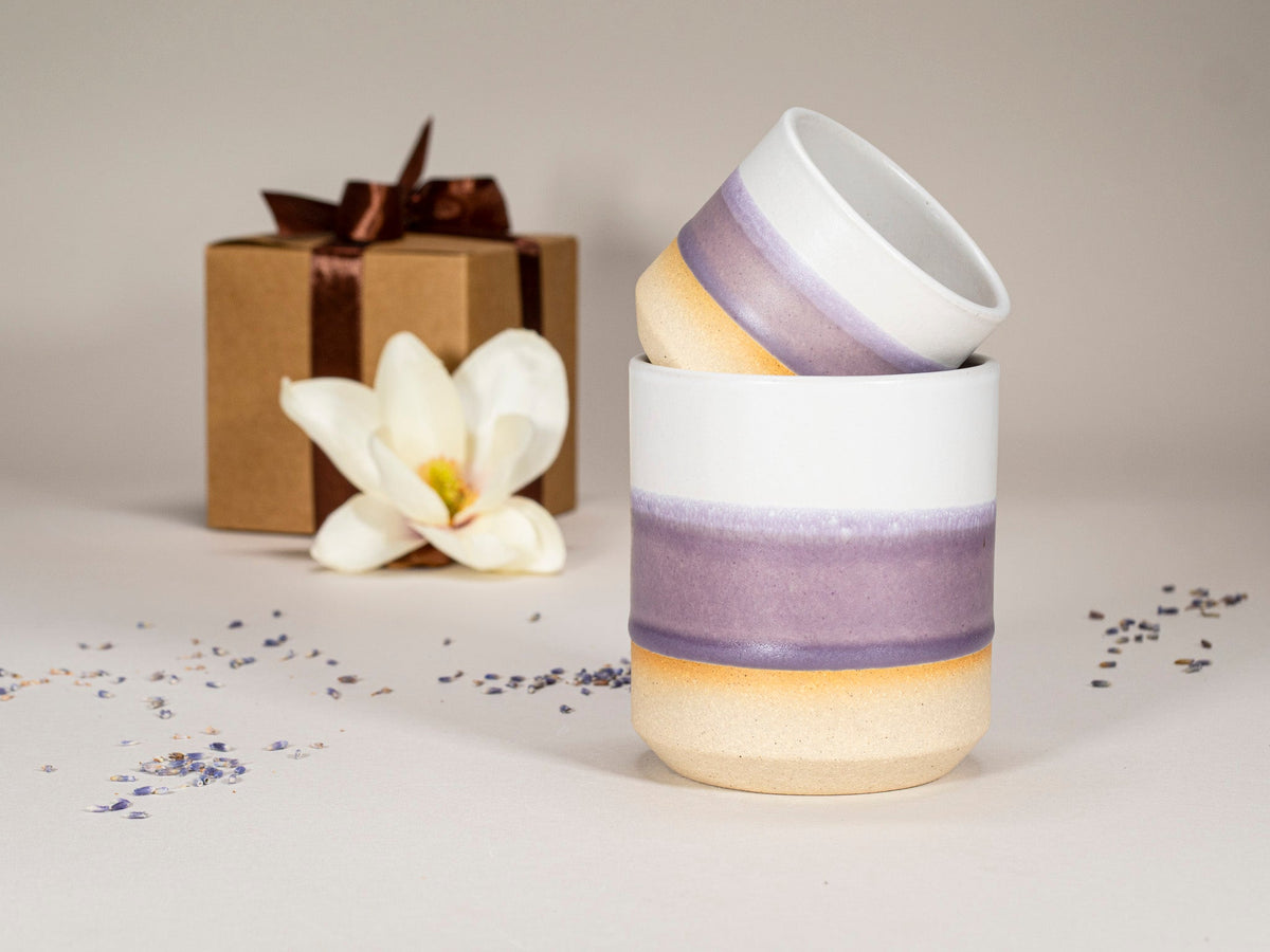 Purple and white stoneware mugs set, stacked cups with lavender stripe and tan bottom