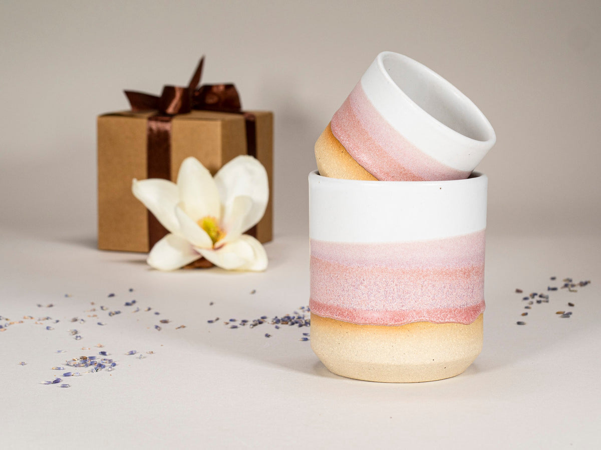 Pink and white stoneware mugs with ombre pink band and white interior rims