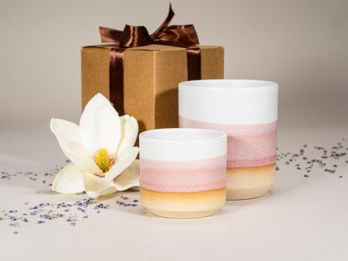 Pink and white stoneware coffee cups, two-piece mug set with ombre pink band