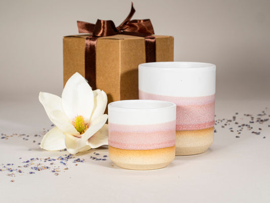 Pink and white stoneware coffee cups, two-piece mug set with ombre pink band