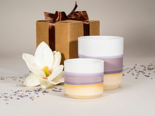 Purple and white stoneware mugs set, two cups with lavender band and tan base