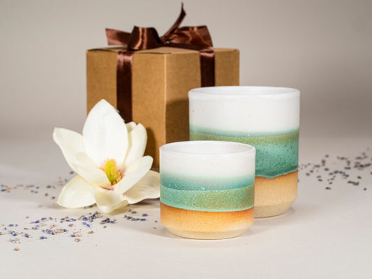 Green-and-white stoneware espresso cups gift set, two matching cups with layered bands