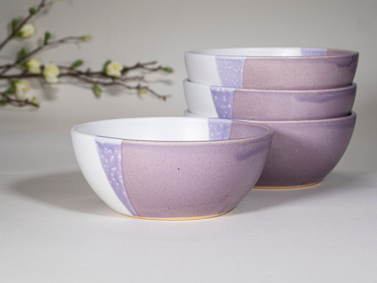 Handmade purple-and-white stoneware soup bowl set with wide rim