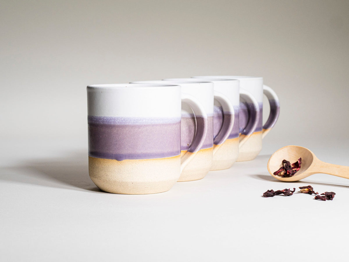 Set of purple and white ceramic coffee mugs with handles, 14 oz, banded glaze.