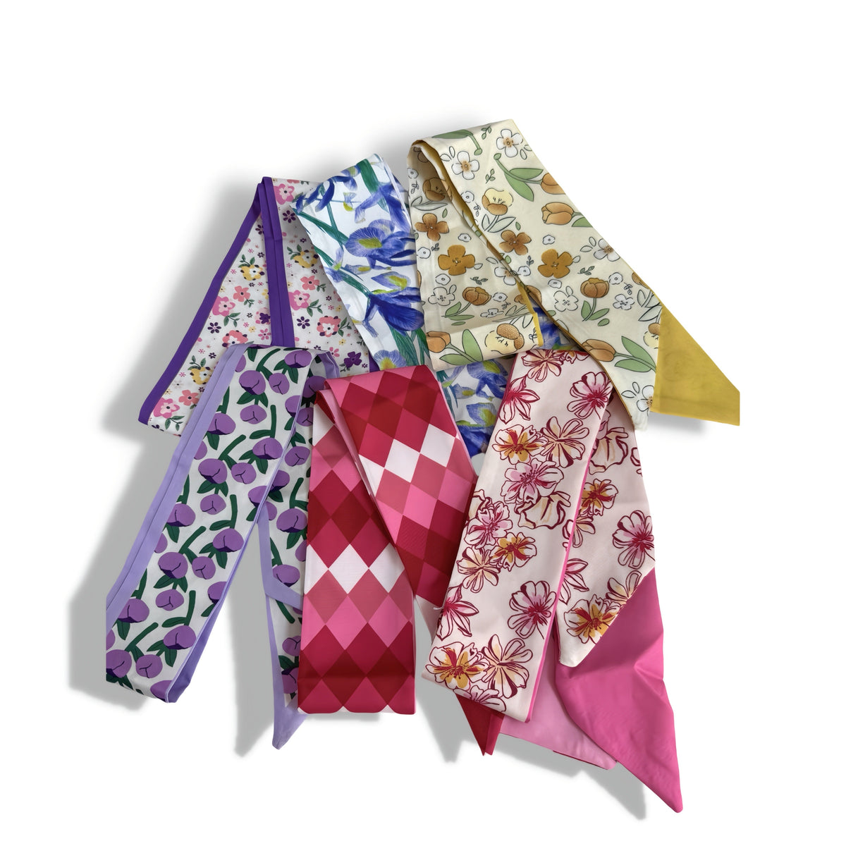 Women’s printed scarf set of five with floral, diamond, and check patterns in purple, pink, and gold