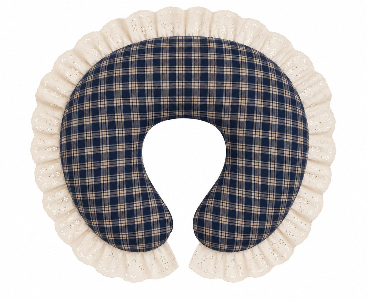 Nursing pillow cover with navy plaid center and ivory eyelet ruffle