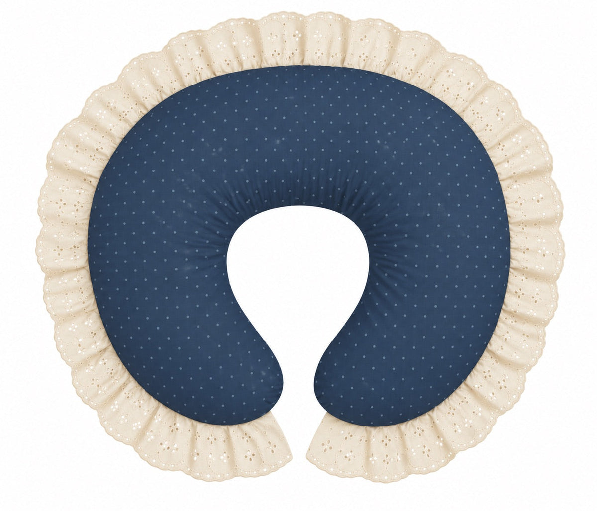 Nursing pillow cover with navy dotted center and ivory eyelet ruffle