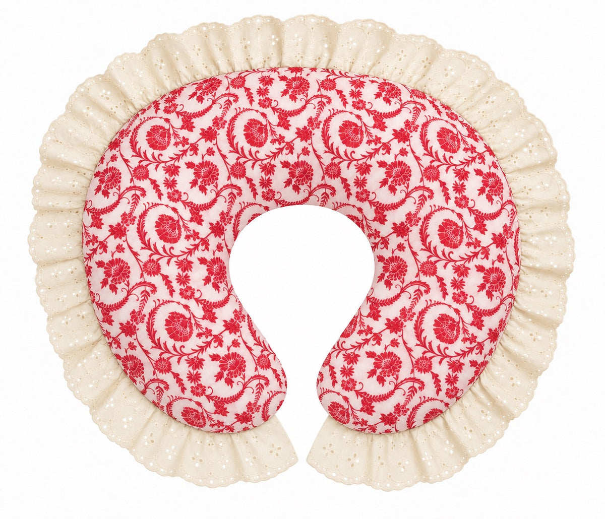 Nursing pillow cover with red floral scroll print and ivory eyelet ruffle