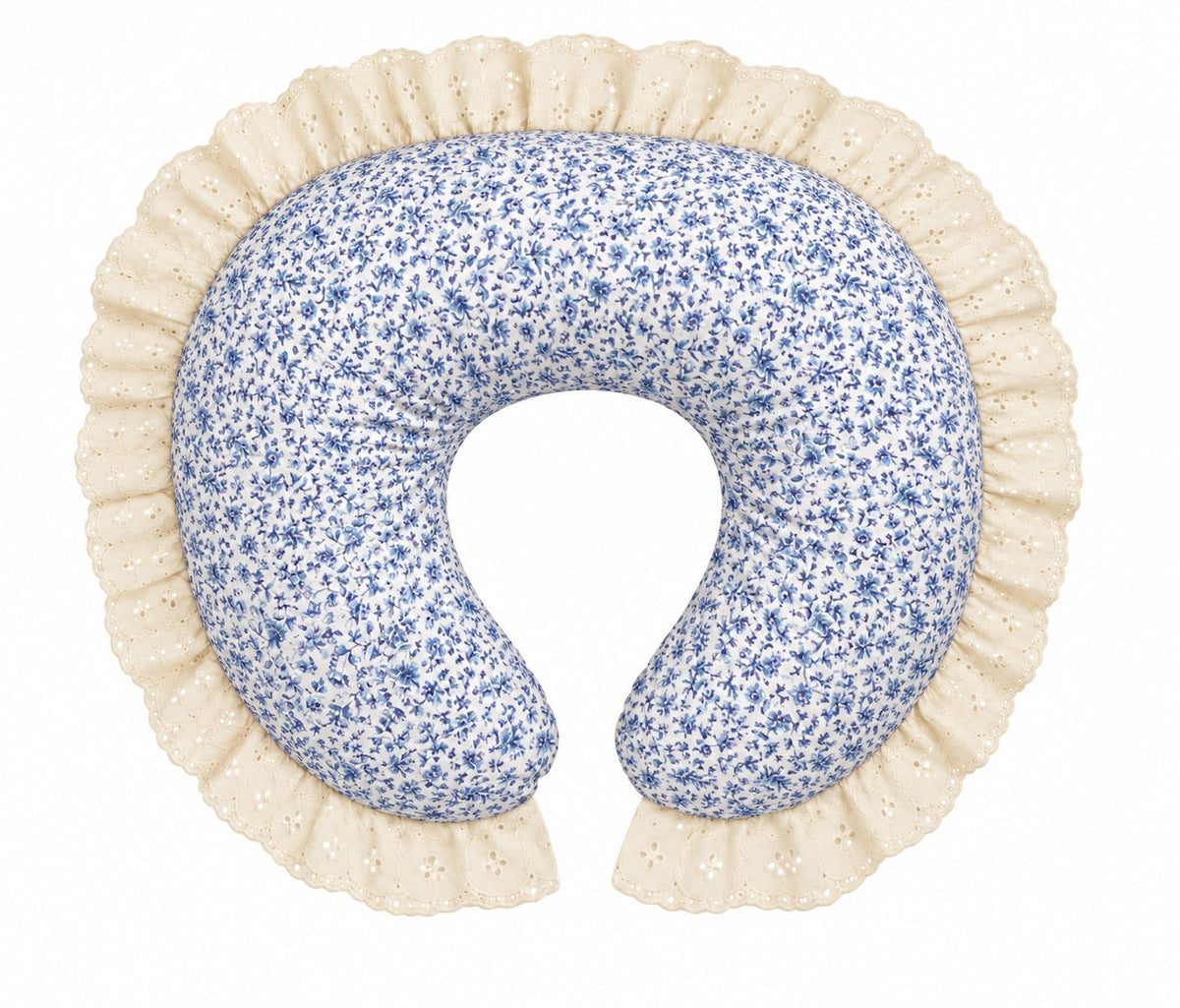 Nursing pillow cover with blue floral print on white and ivory eyelet ruffle