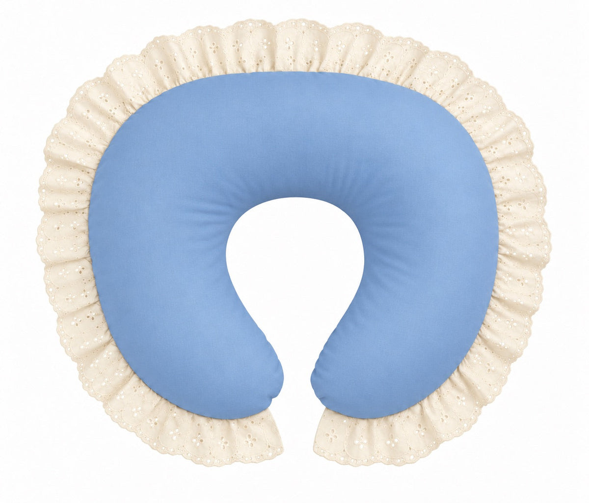 Nursing pillow cover with light blue center and ivory eyelet ruffle