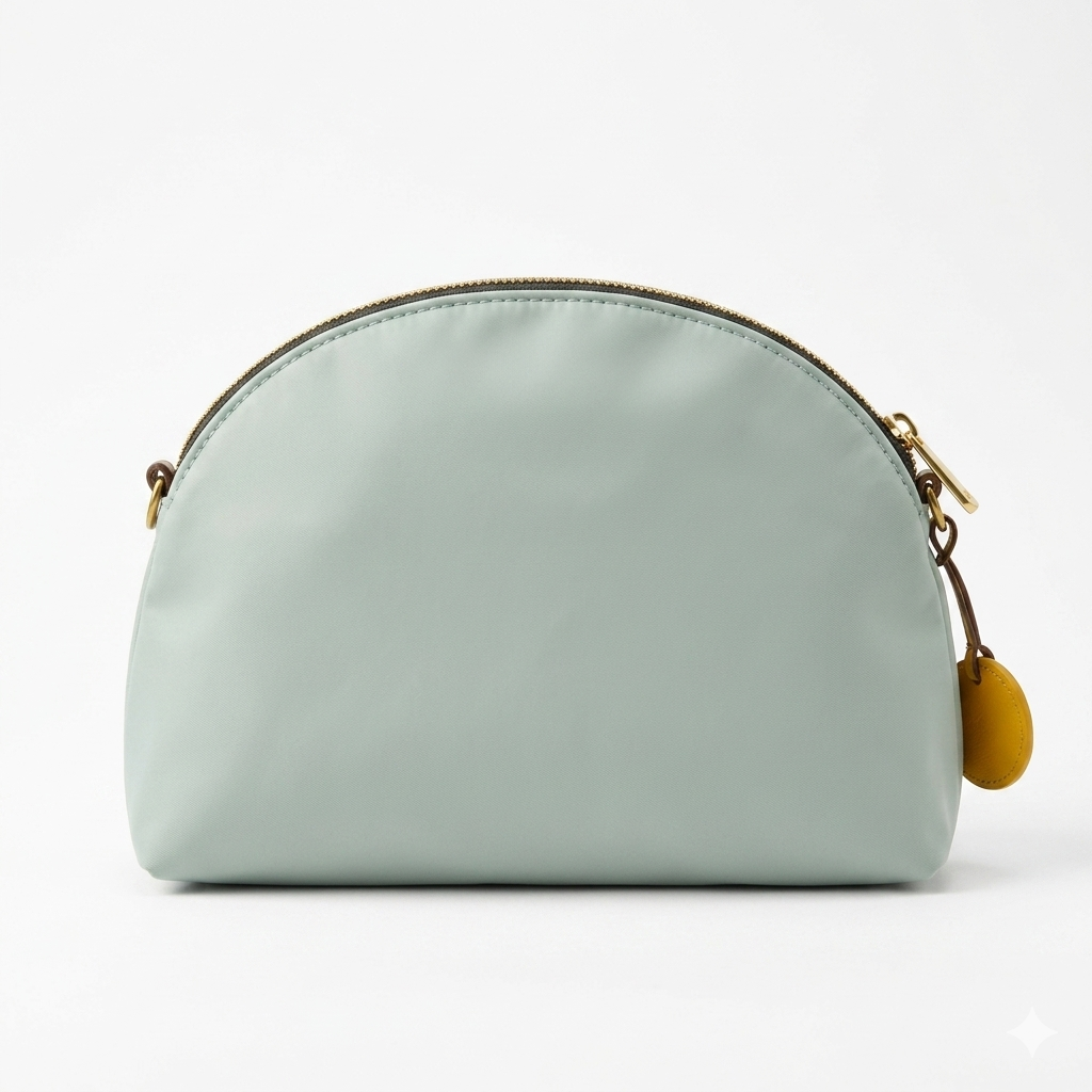 Light blue nylon zip pouch bag with rounded top and gold zipper hardware
