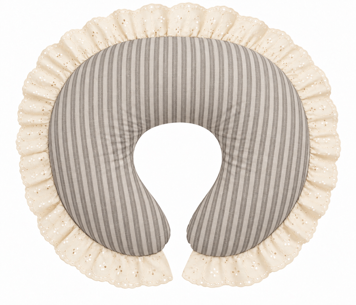 Nursing pillow cover with gray and ivory stripes and eyelet ruffle