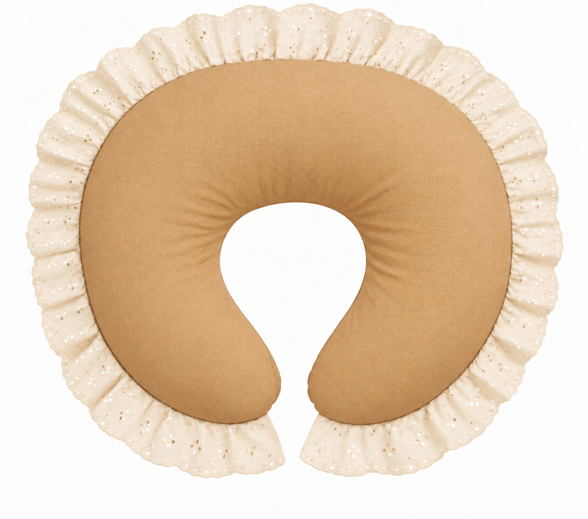 Nursing pillow cover with beige center and ivory eyelet ruffle