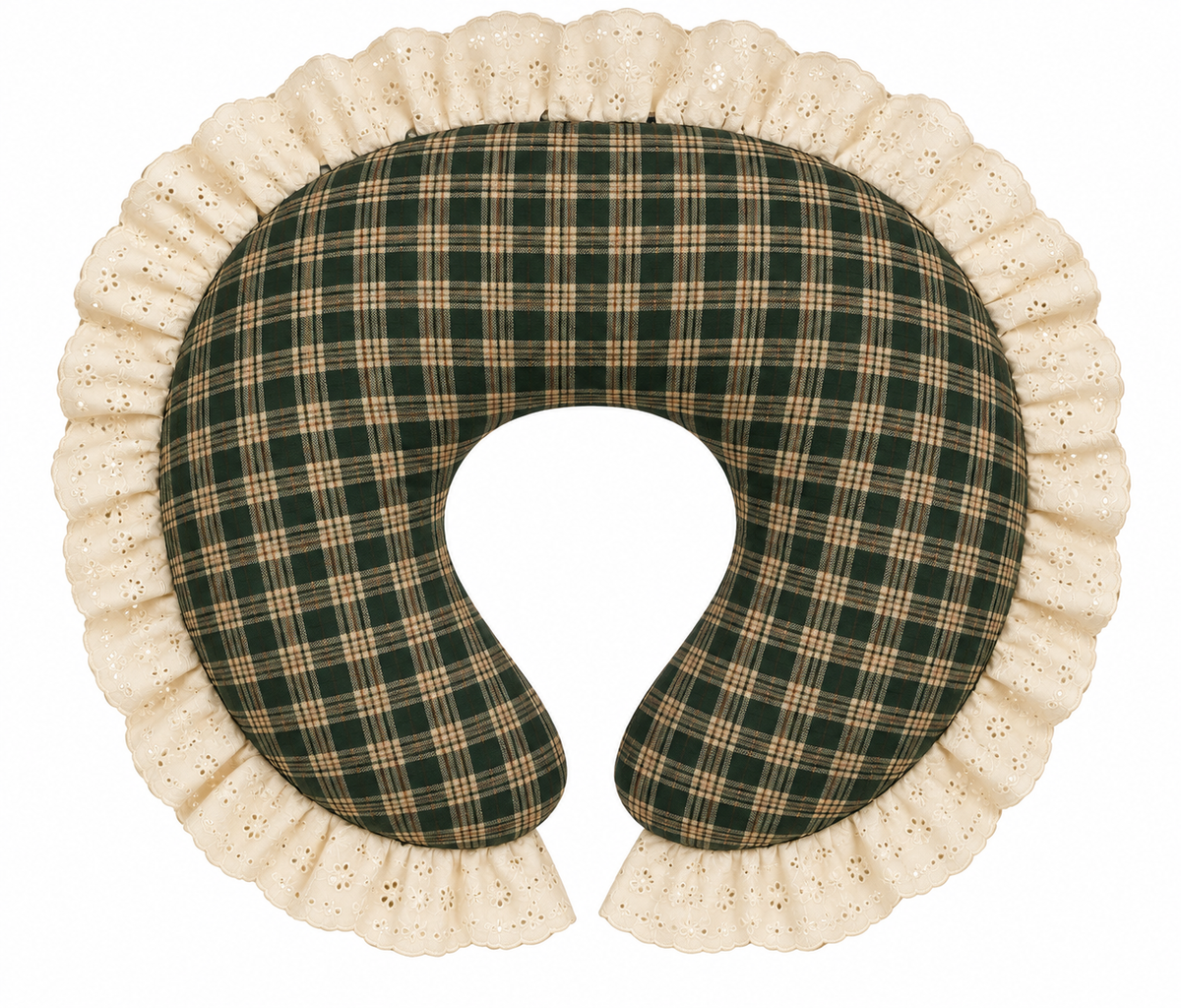 Nursing pillow cover with dark green plaid center and ivory eyelet ruffle