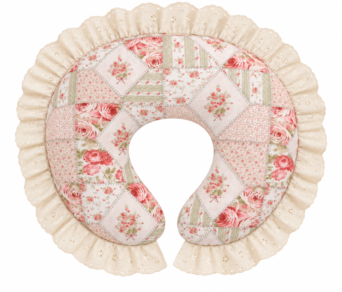 Nursing pillow cover with ivory eyelet lace ruffle and pink floral patchwork panels