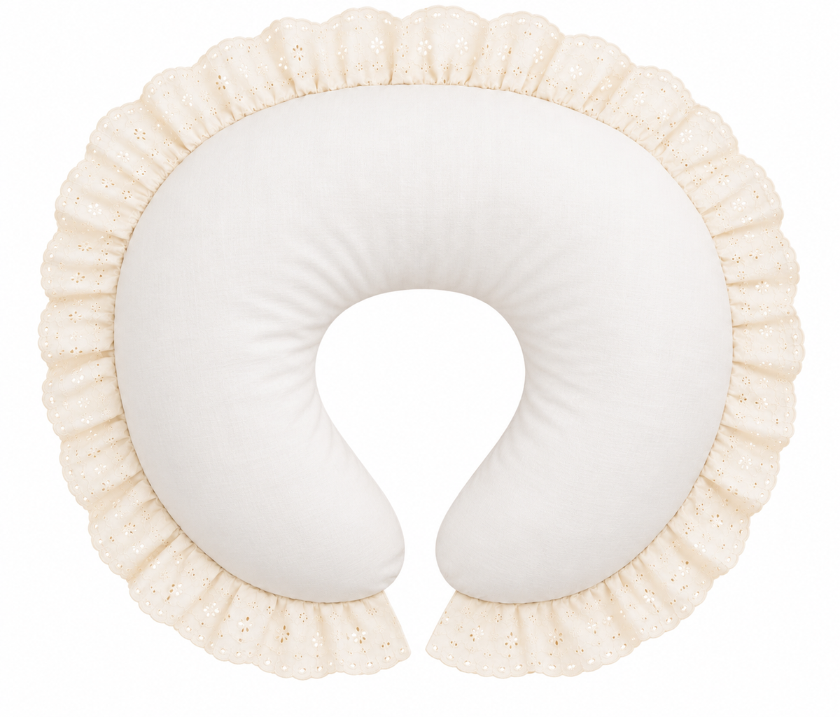 Nursing pillow cover with ivory eyelet lace ruffle and plain white center