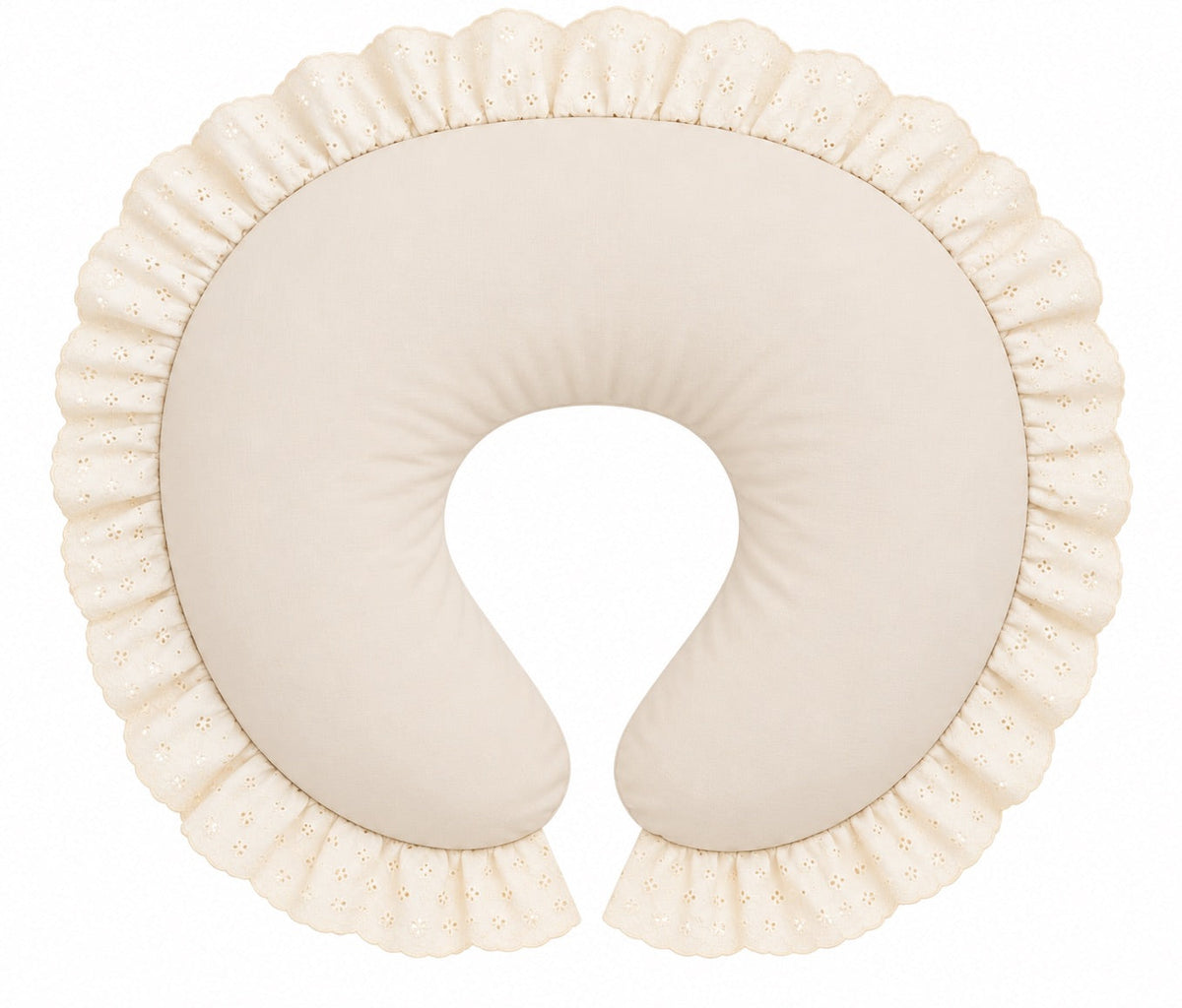 Nursing pillow cover with ivory eyelet lace ruffle and solid beige center