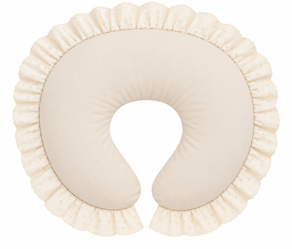 Nursing pillow cover with ivory eyelet lace ruffle and plain beige center