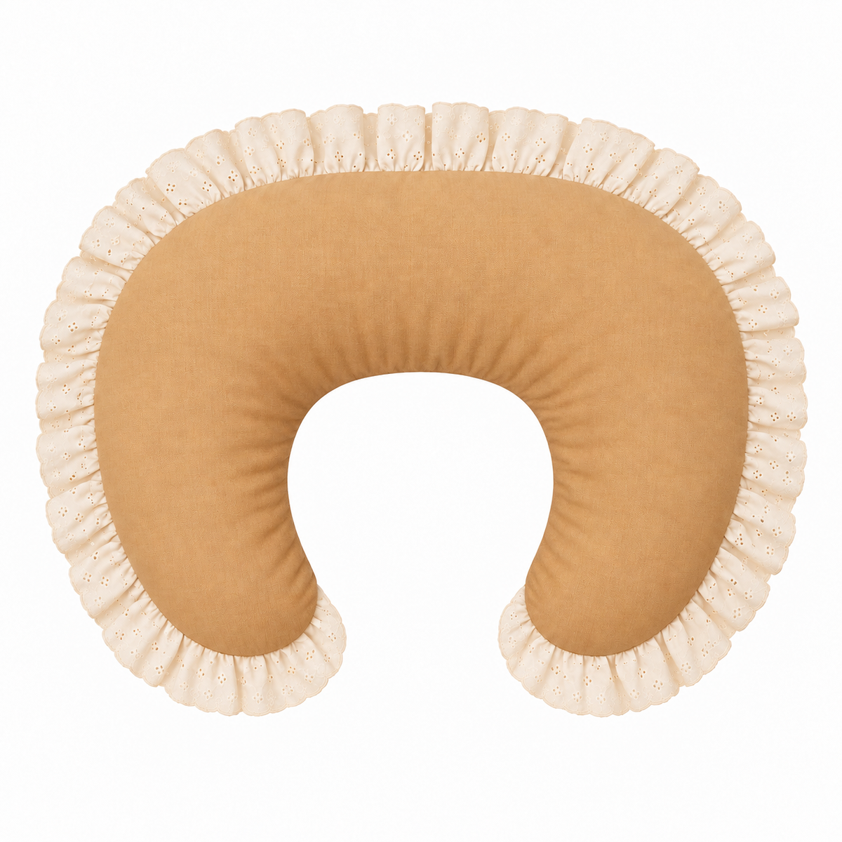 Nursing pillow cover with ivory eyelet ruffle and solid tan center