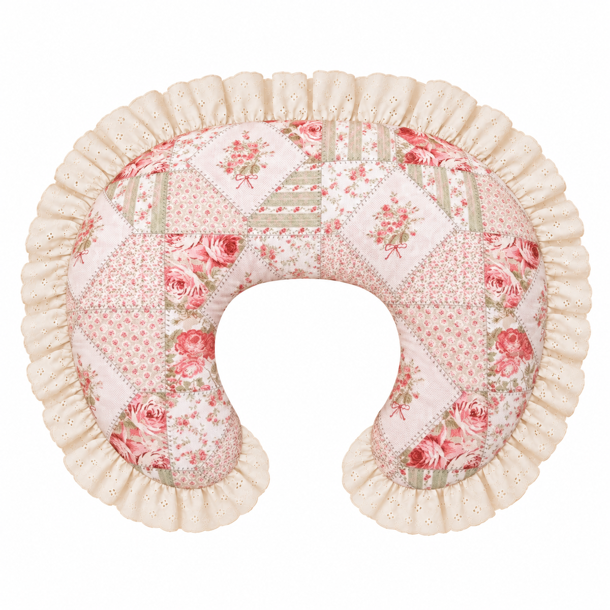 Nursing pillow cover with ivory eyelet ruffle and pink floral patchwork center