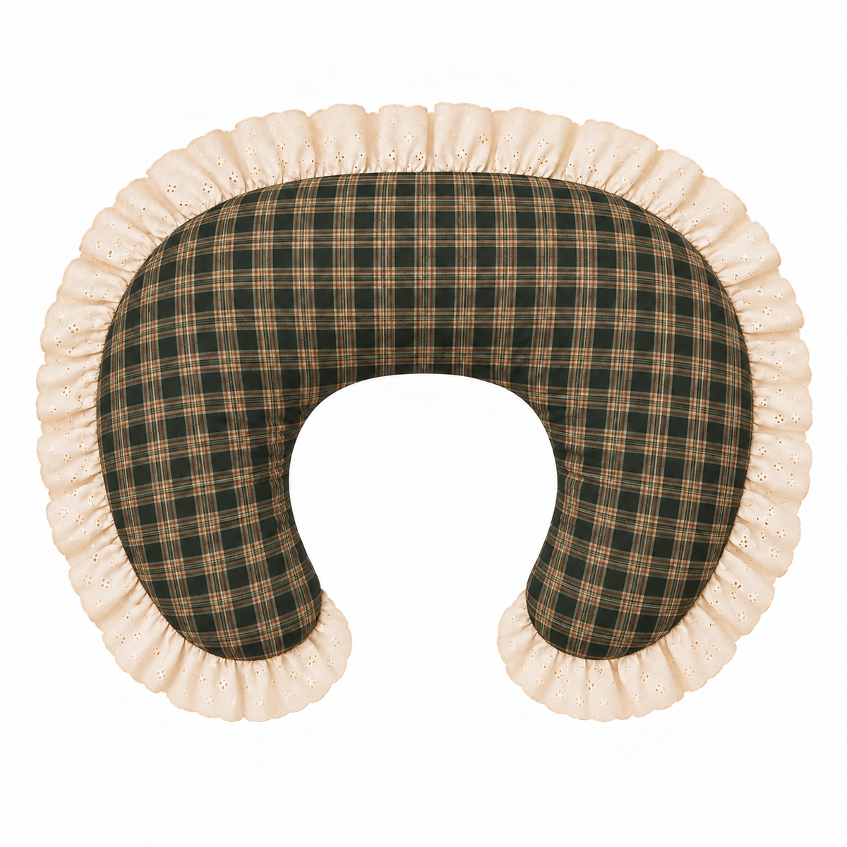 Nursing pillow cover with ivory eyelet ruffle and dark plaid center