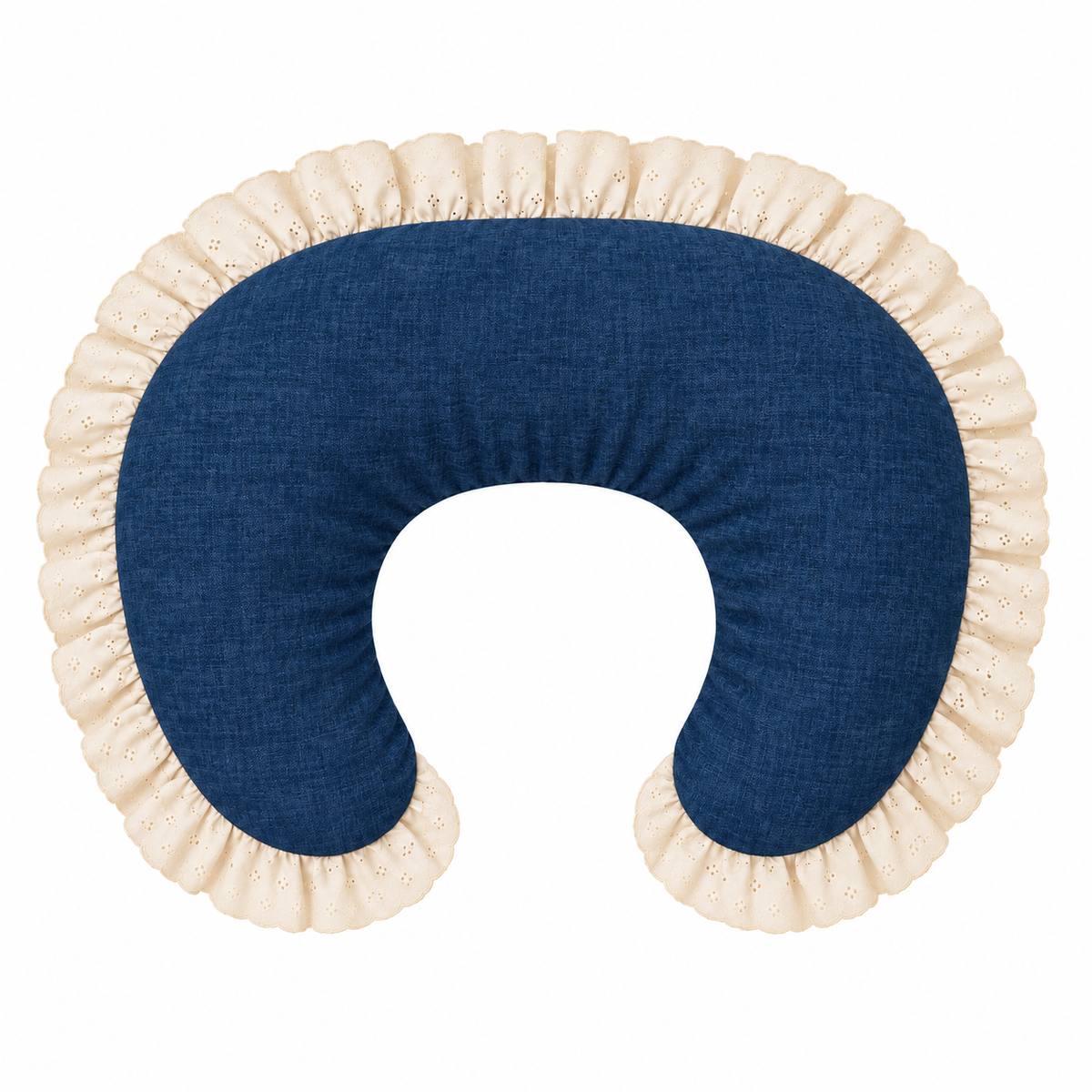 Nursing pillow cover with ivory eyelet ruffle and dark blue center