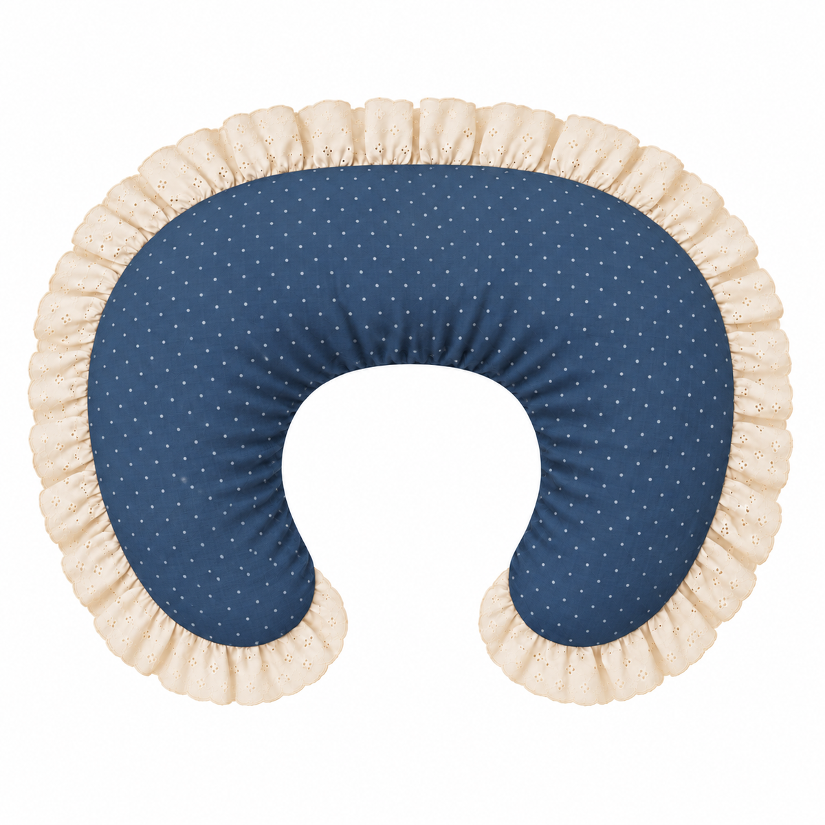 Nursing pillow cover with ivory eyelet ruffle and dotted blue center