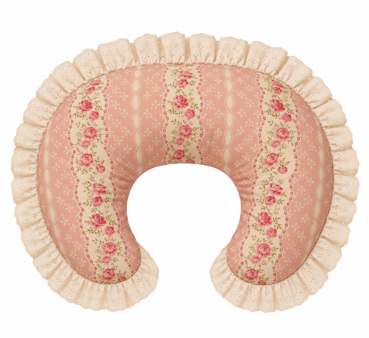 Nursing pillow cover with ivory eyelet ruffle and pink rose stripe center