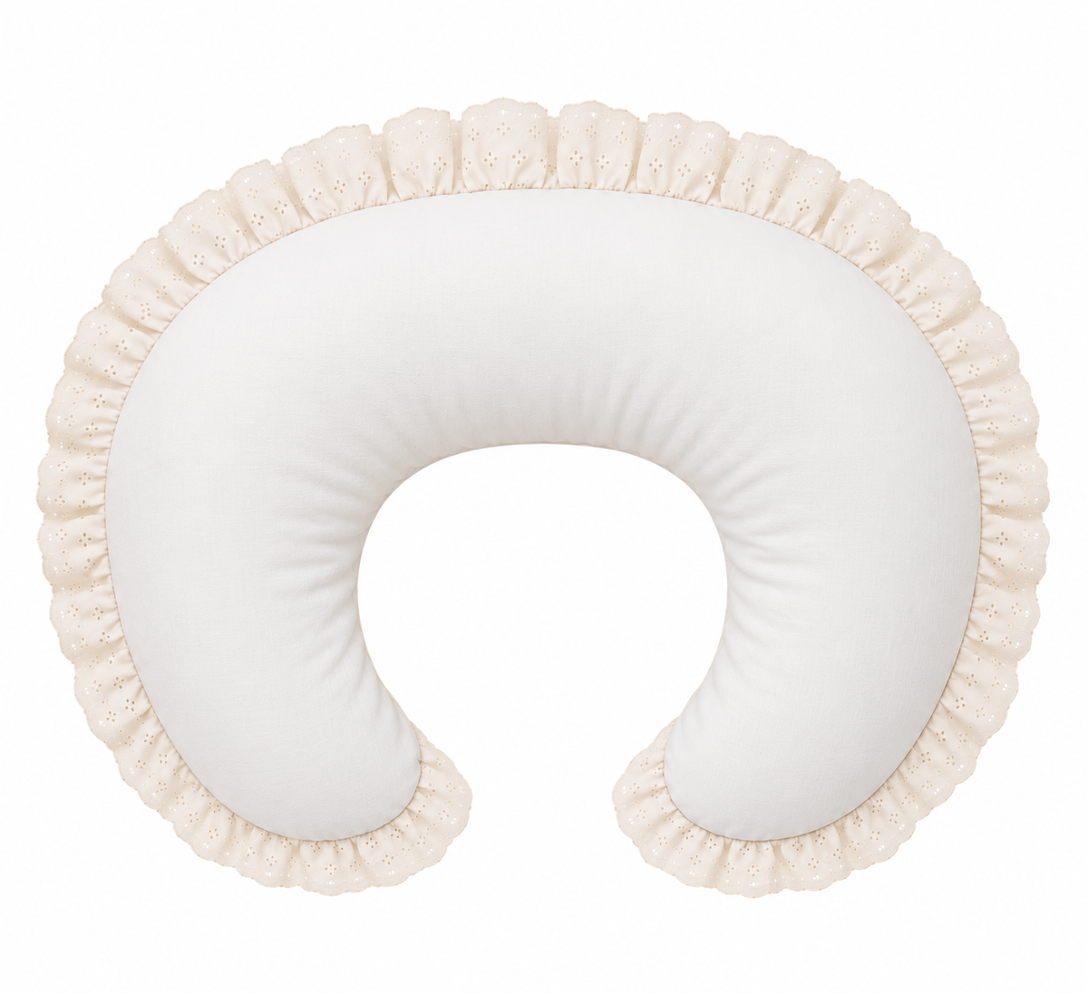 Nursing pillow cover with ivory eyelet ruffle and white center