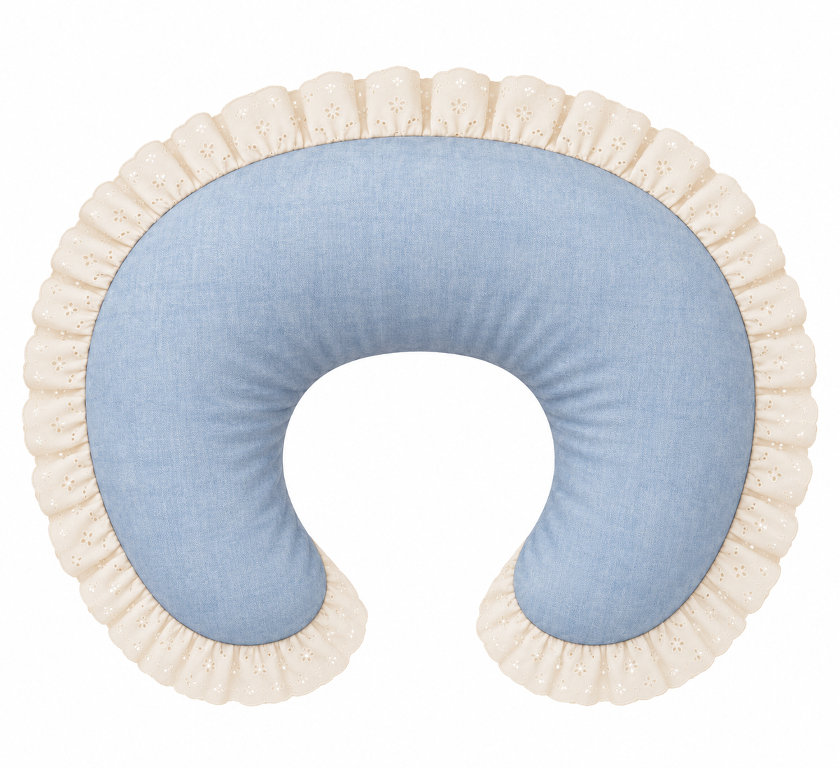 Nursing pillow cover with ivory eyelet ruffle and light blue center