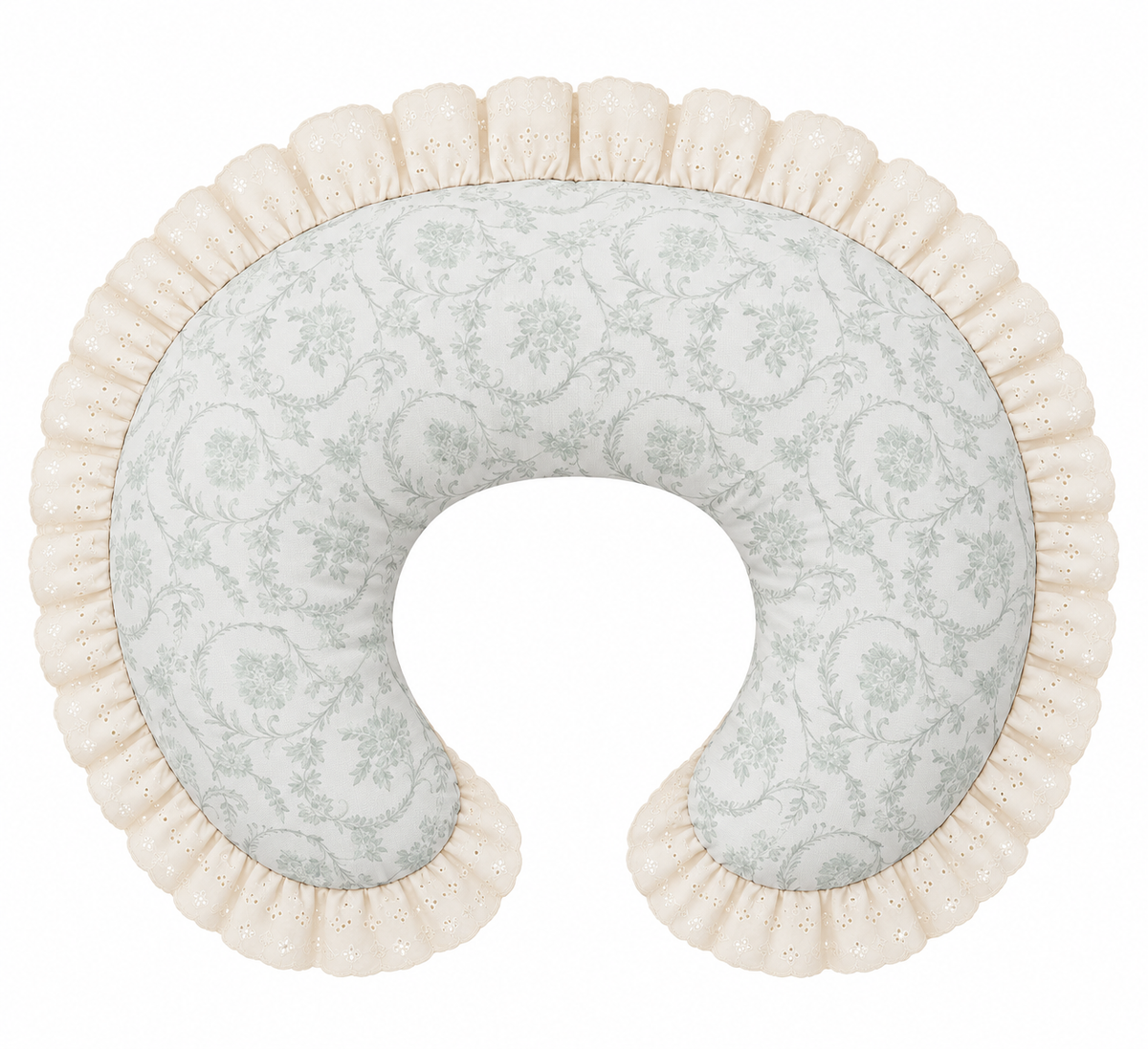 Nursing pillow cover with pale gray floral print and ivory eyelet ruffle