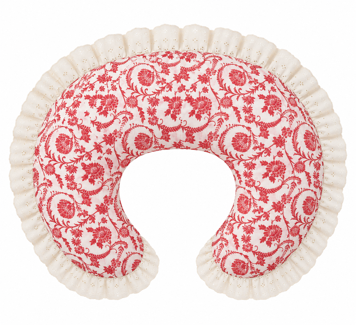 Nursing pillow cover with red floral print and ivory eyelet ruffle