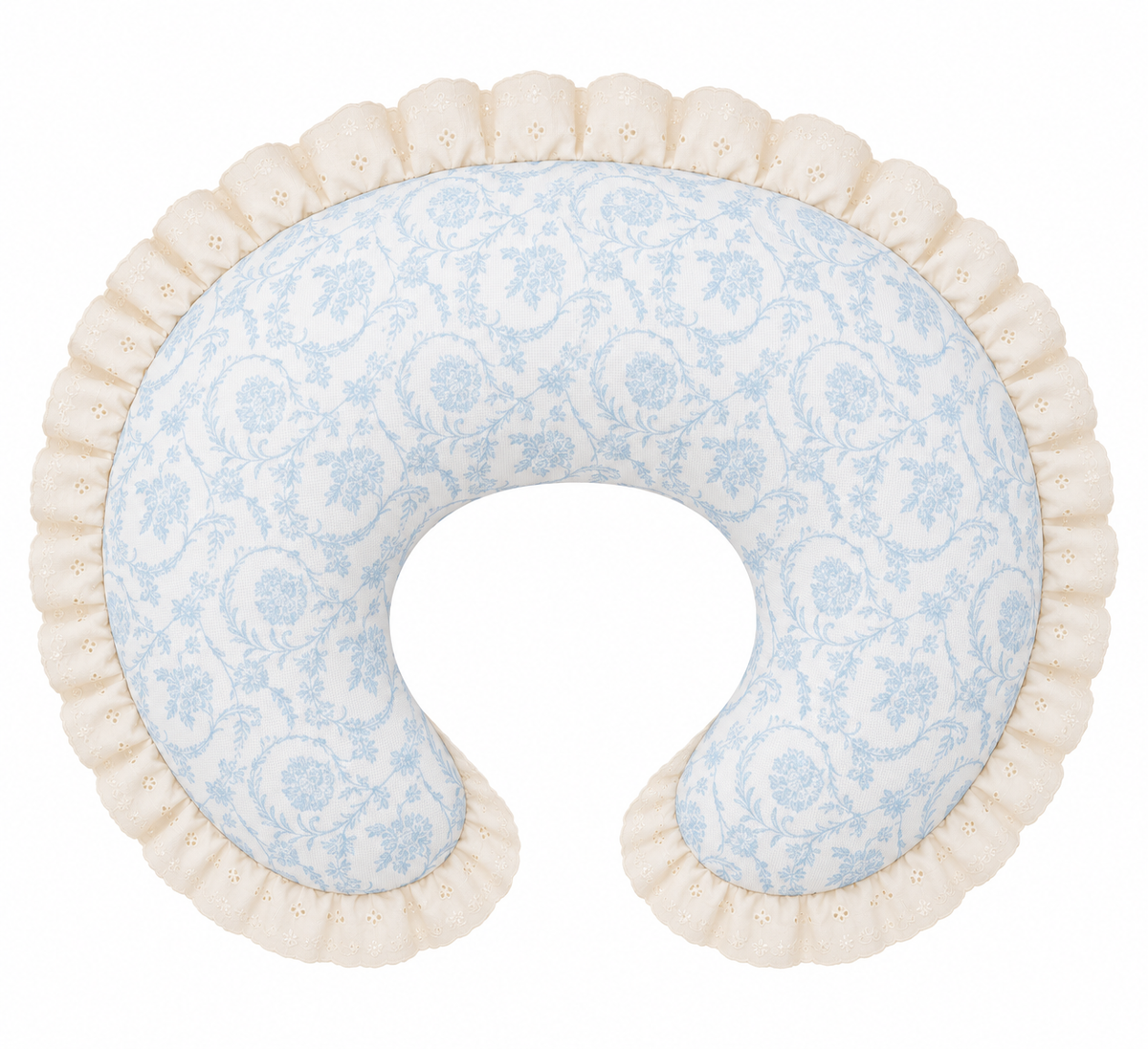 Nursing pillow cover with pale blue floral print and ivory eyelet ruffle