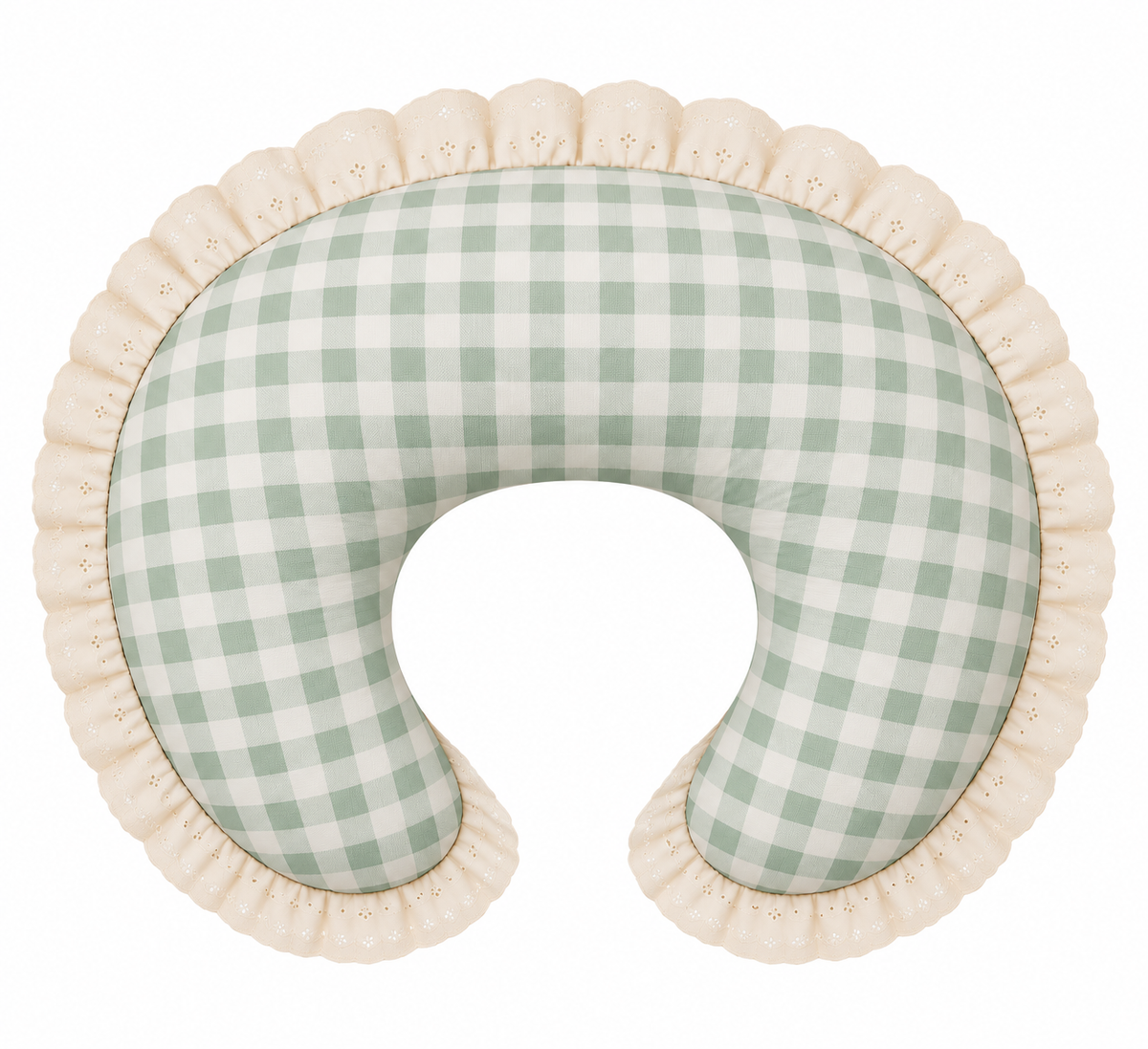 Nursing pillow cover with sage green gingham and ivory eyelet ruffle
