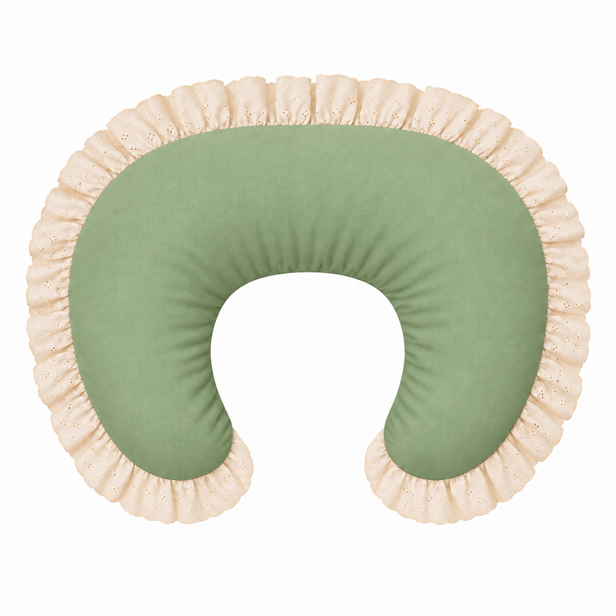 Solid sage green nursing pillow cover with ivory eyelet ruffle