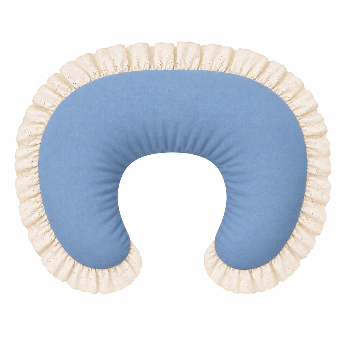 Solid blue nursing pillow cover with ivory eyelet ruffle