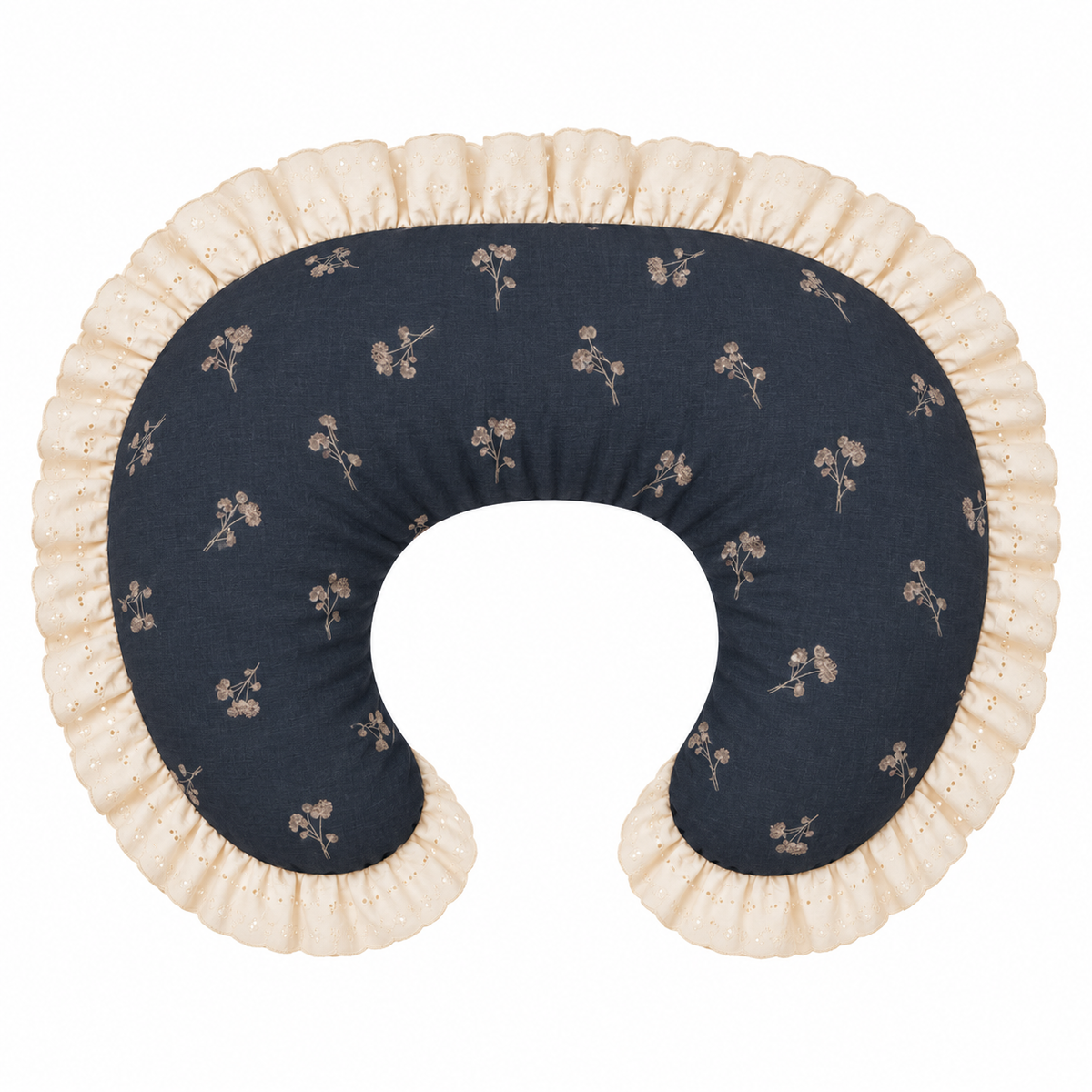 Navy nursing pillow cover with small floral sprigs and ivory eyelet ruffle