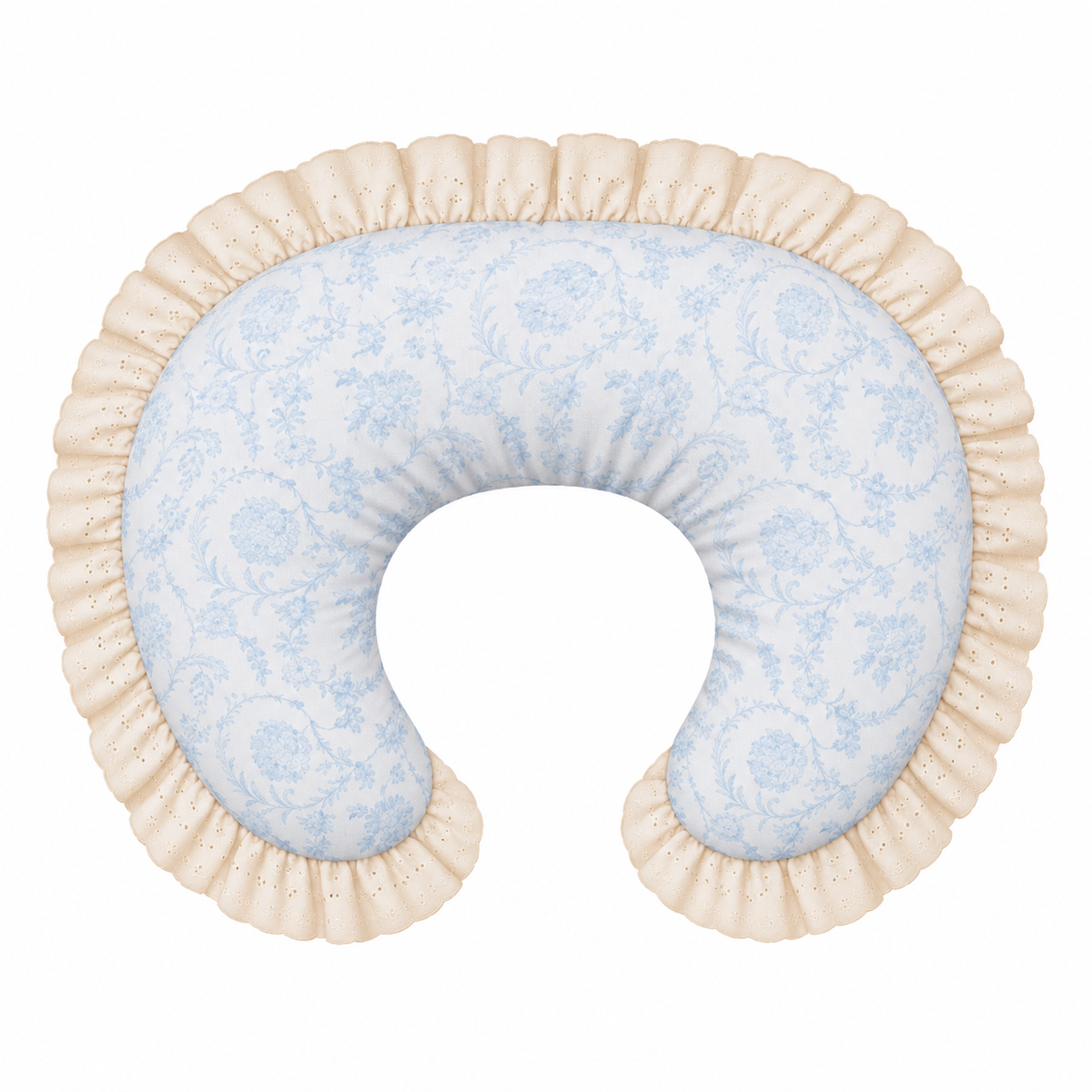 Pale blue floral nursing pillow cover with ivory eyelet ruffle